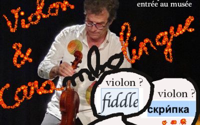 philippe-sahuc France violoniste jouant Violon & Carambolingue, visuel musical et linguistique artistique sur fond sombre